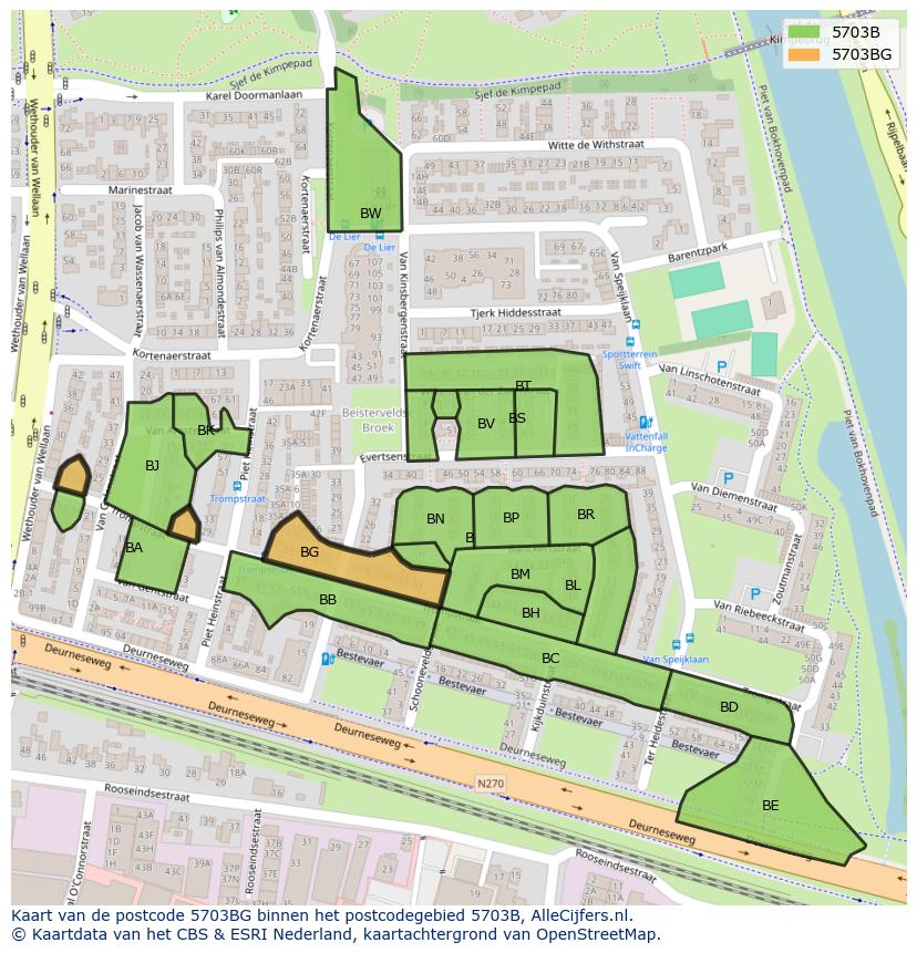 Afbeelding van het postcodegebied 5703 BG op de kaart.