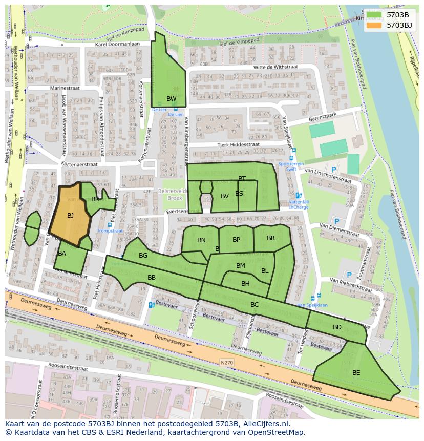 Afbeelding van het postcodegebied 5703 BJ op de kaart.