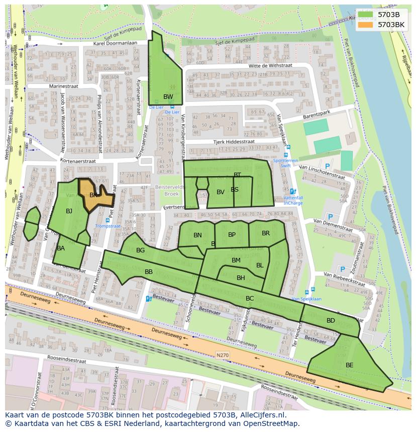Afbeelding van het postcodegebied 5703 BK op de kaart.