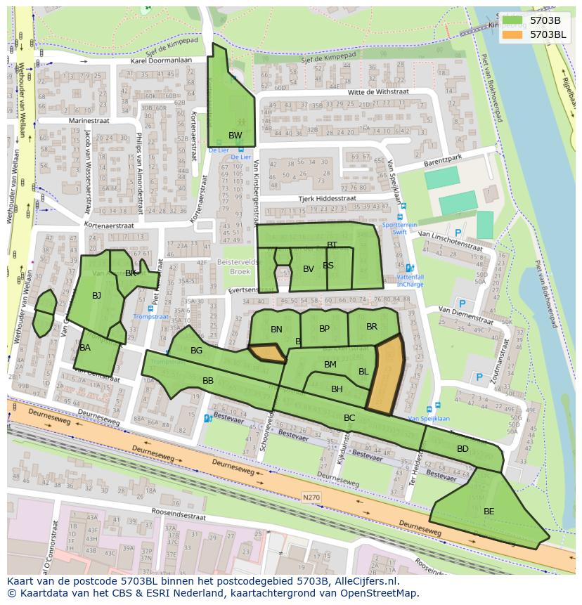 Afbeelding van het postcodegebied 5703 BL op de kaart.
