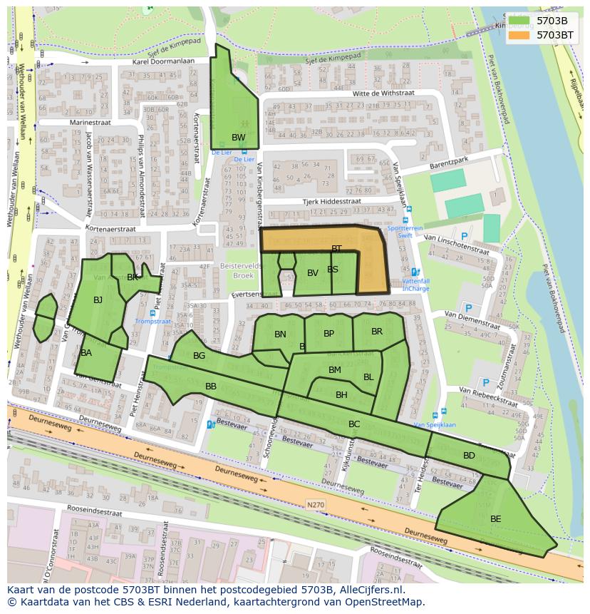 Afbeelding van het postcodegebied 5703 BT op de kaart.