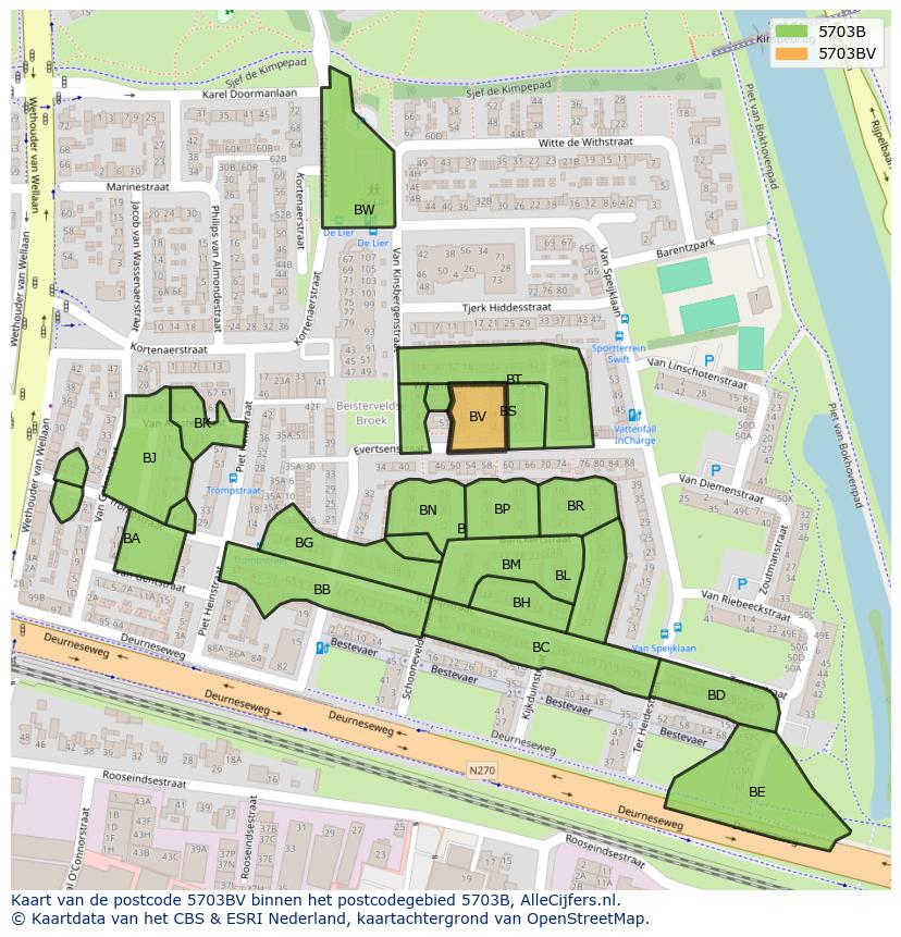 Afbeelding van het postcodegebied 5703 BV op de kaart.