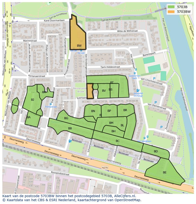Afbeelding van het postcodegebied 5703 BW op de kaart.