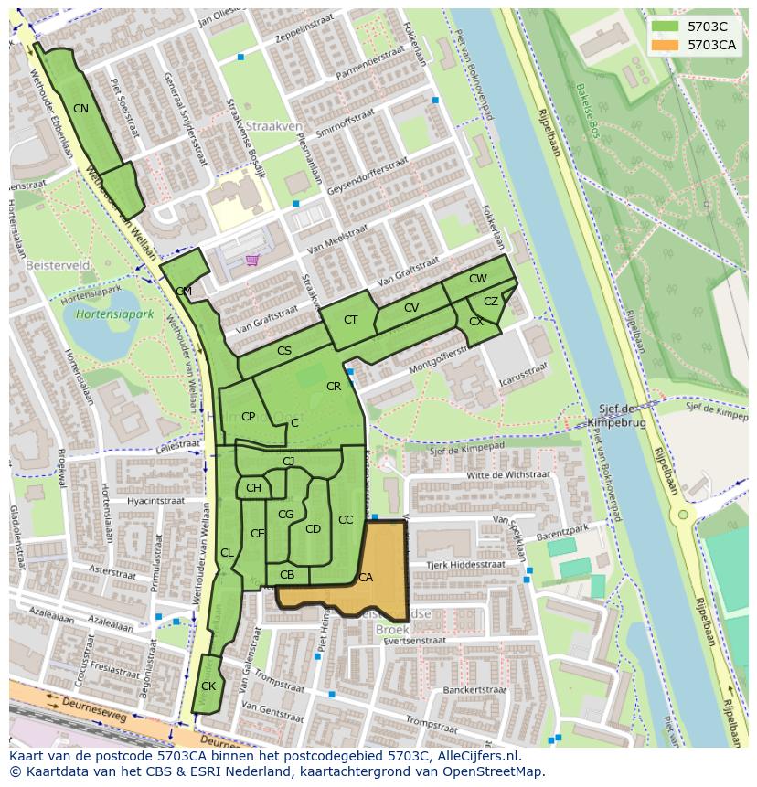 Afbeelding van het postcodegebied 5703 CA op de kaart.