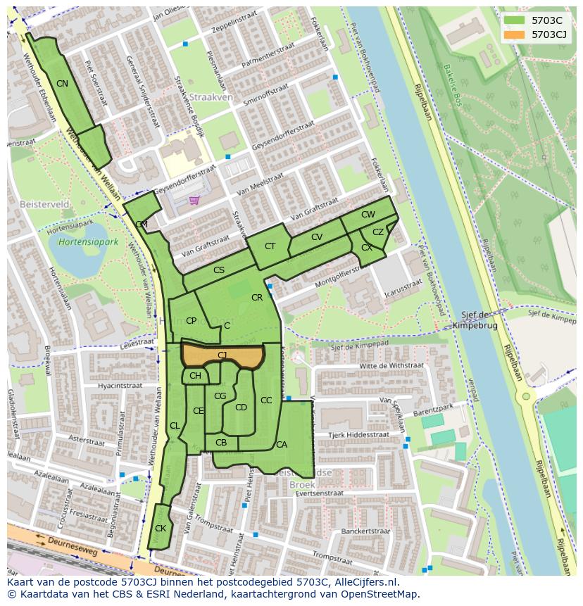 Afbeelding van het postcodegebied 5703 CJ op de kaart.