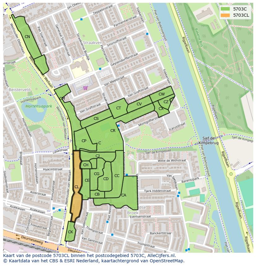 Afbeelding van het postcodegebied 5703 CL op de kaart.