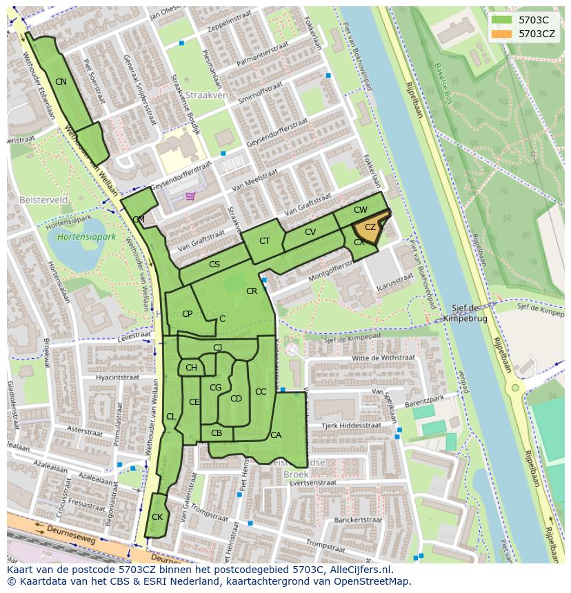 Afbeelding van het postcodegebied 5703 CZ op de kaart.