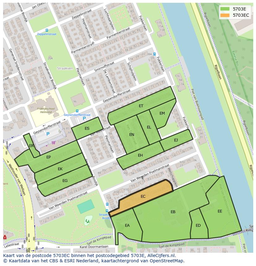 Afbeelding van het postcodegebied 5703 EC op de kaart.