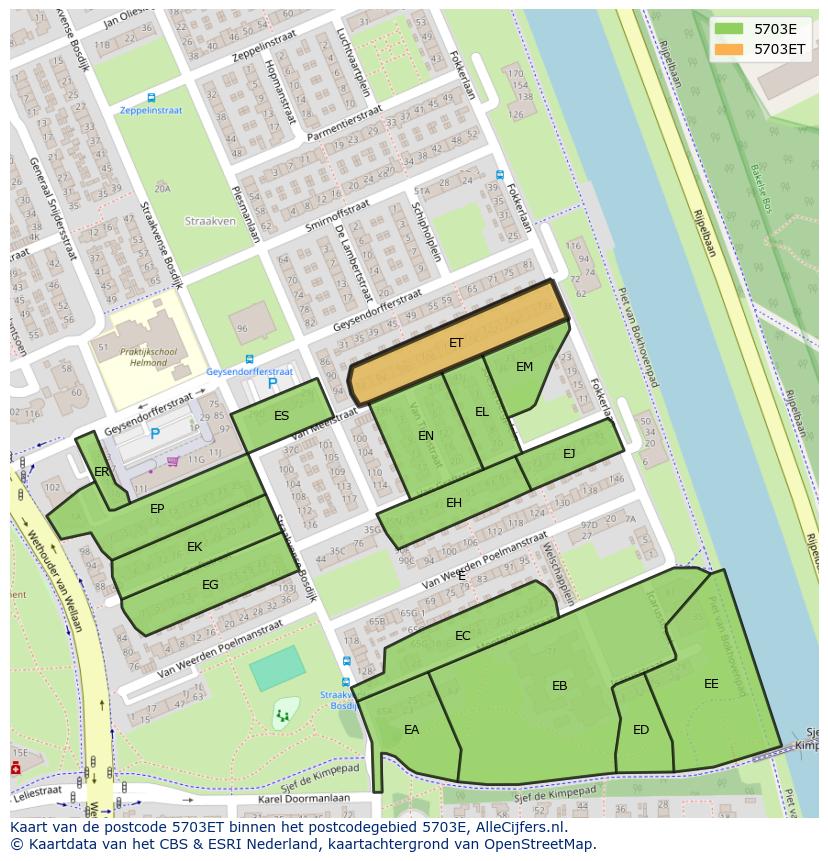 Afbeelding van het postcodegebied 5703 ET op de kaart.
