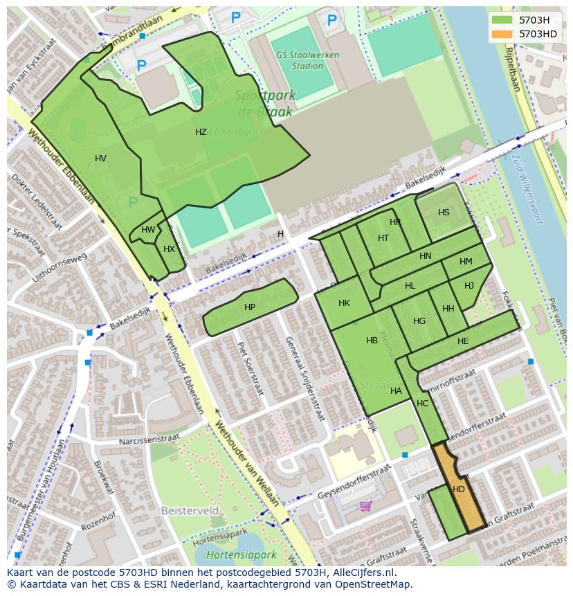 Afbeelding van het postcodegebied 5703 HD op de kaart.
