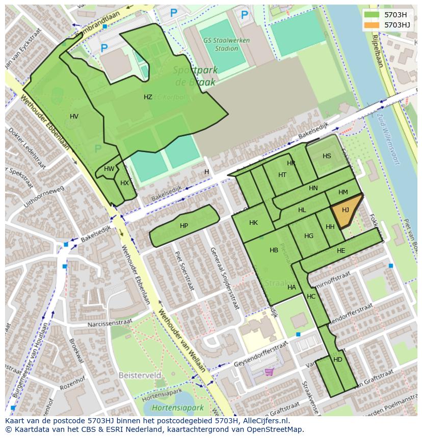 Afbeelding van het postcodegebied 5703 HJ op de kaart.