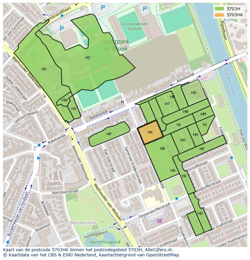 Afbeelding van het postcodegebied 5703 HK op de kaart.