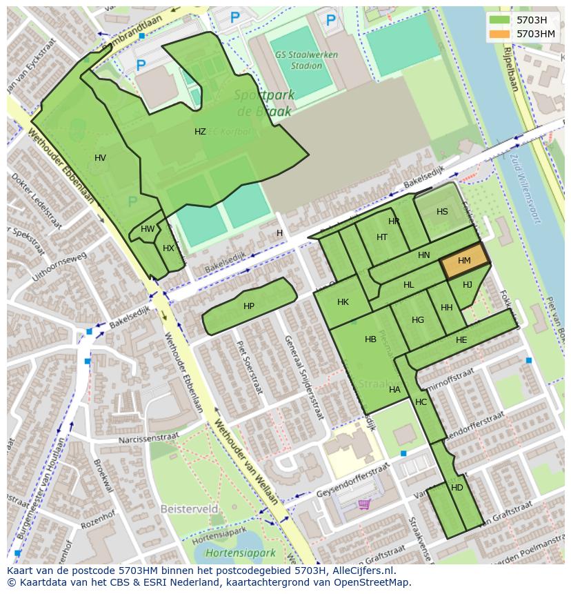 Afbeelding van het postcodegebied 5703 HM op de kaart.