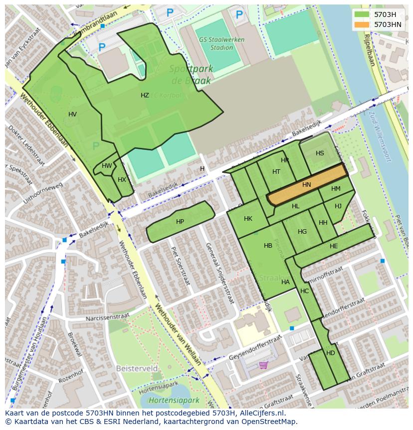 Afbeelding van het postcodegebied 5703 HN op de kaart.