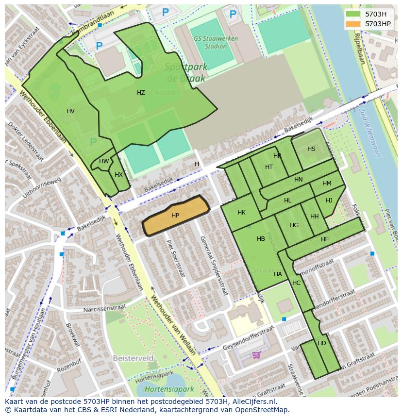 Afbeelding van het postcodegebied 5703 HP op de kaart.