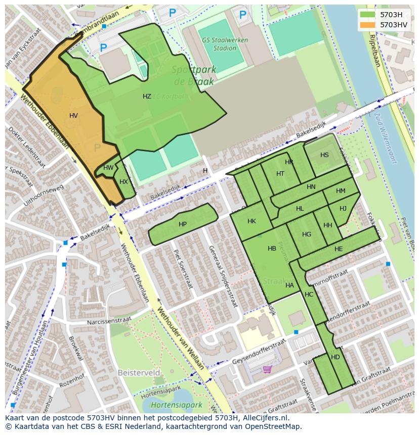 Afbeelding van het postcodegebied 5703 HV op de kaart.