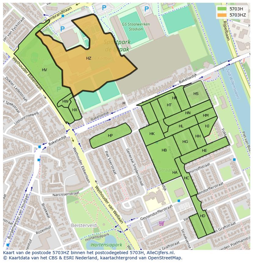 Afbeelding van het postcodegebied 5703 HZ op de kaart.