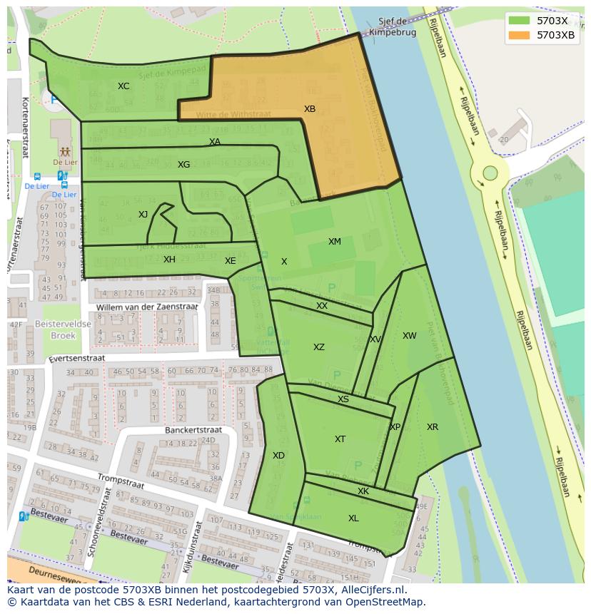 Afbeelding van het postcodegebied 5703 XB op de kaart.