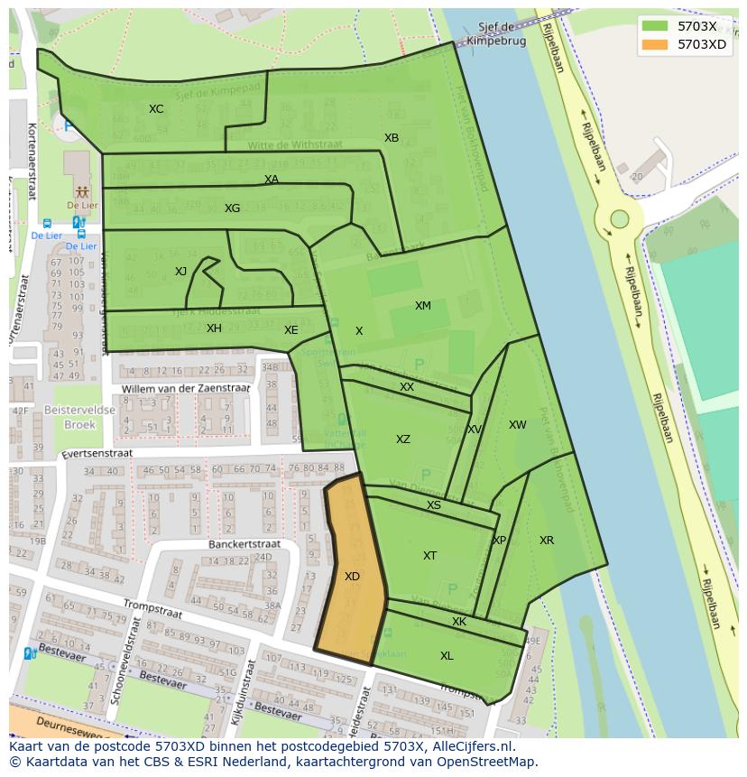 Afbeelding van het postcodegebied 5703 XD op de kaart.
