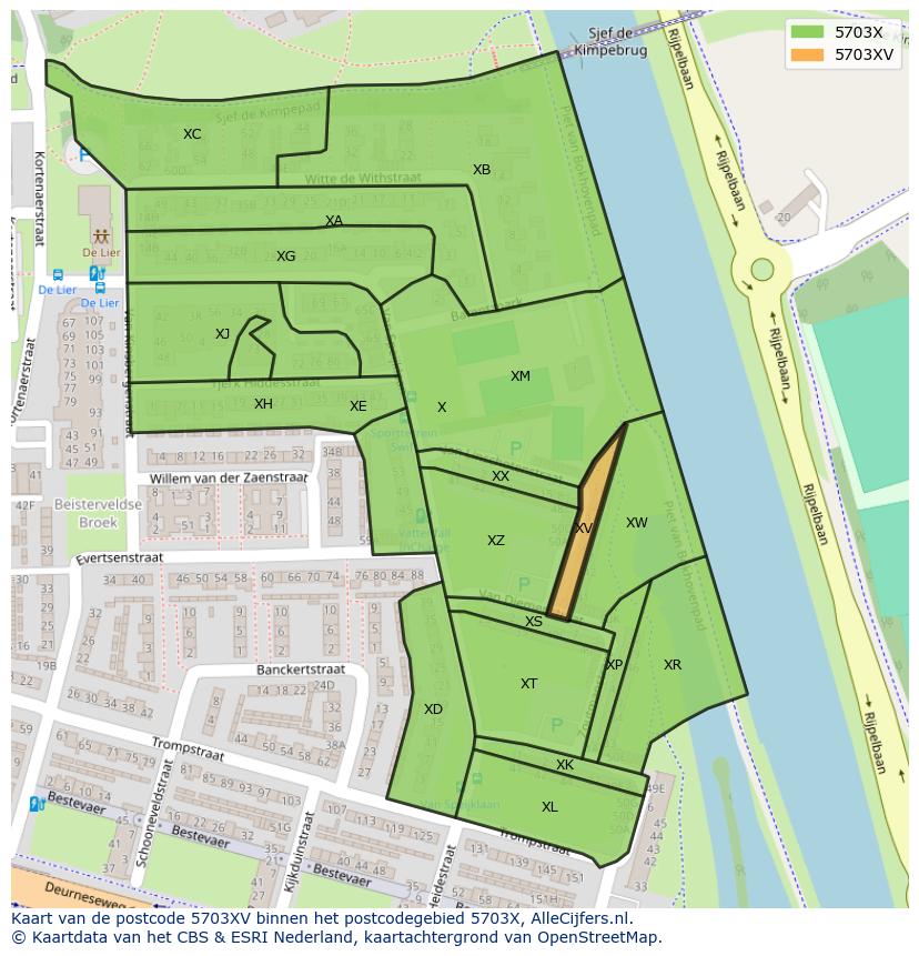Afbeelding van het postcodegebied 5703 XV op de kaart.