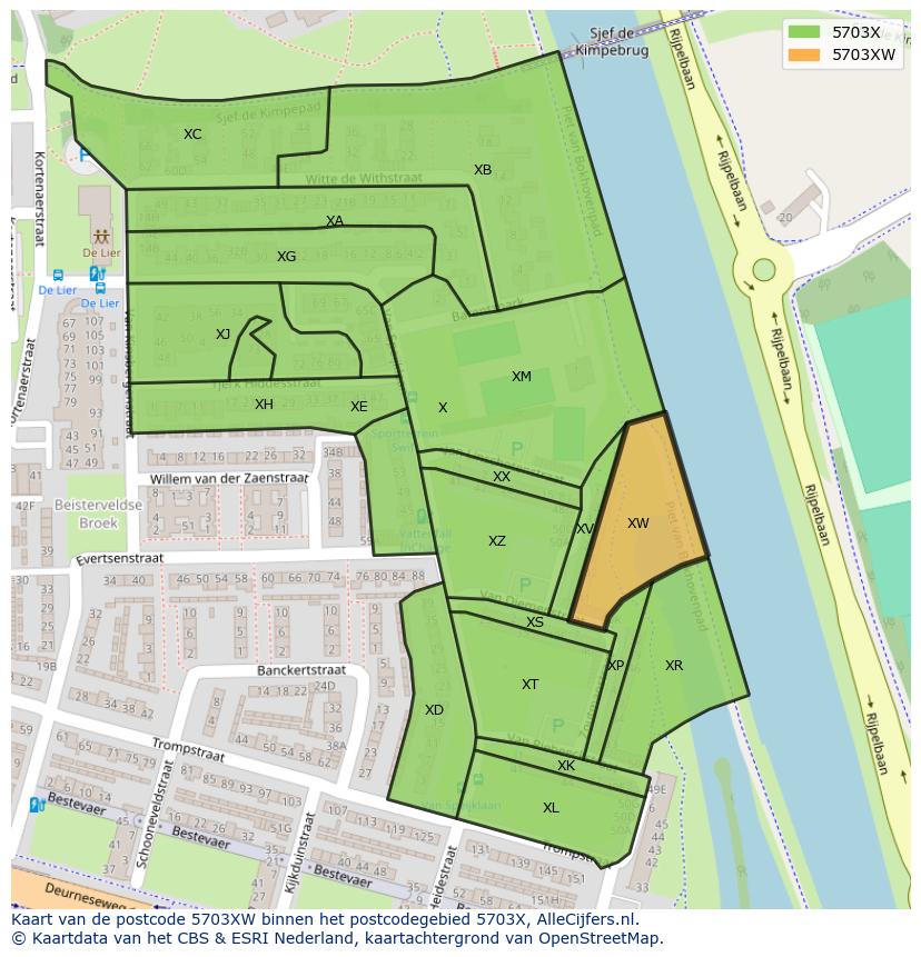 Afbeelding van het postcodegebied 5703 XW op de kaart.