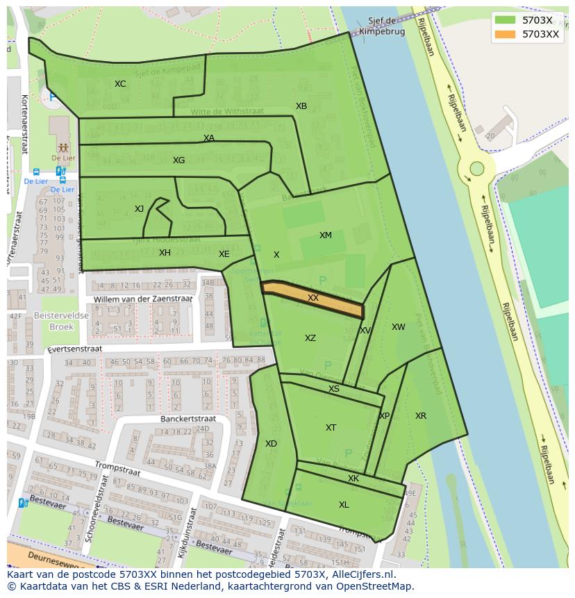 Afbeelding van het postcodegebied 5703 XX op de kaart.