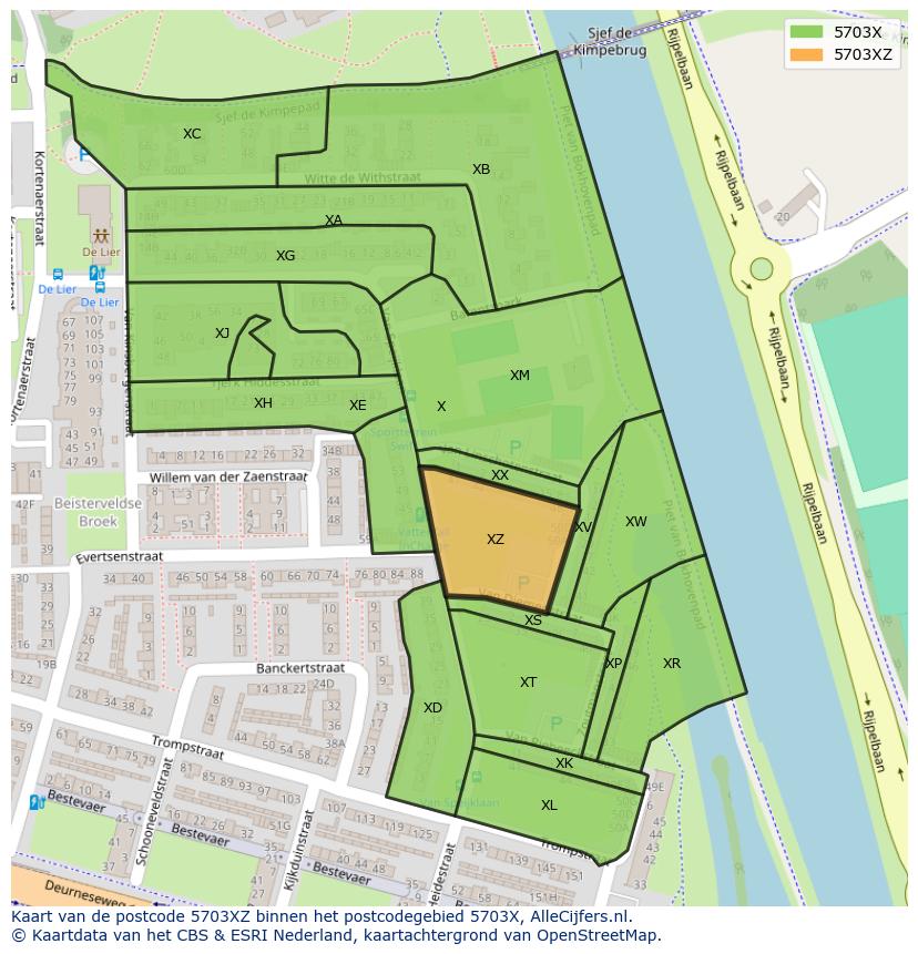 Afbeelding van het postcodegebied 5703 XZ op de kaart.