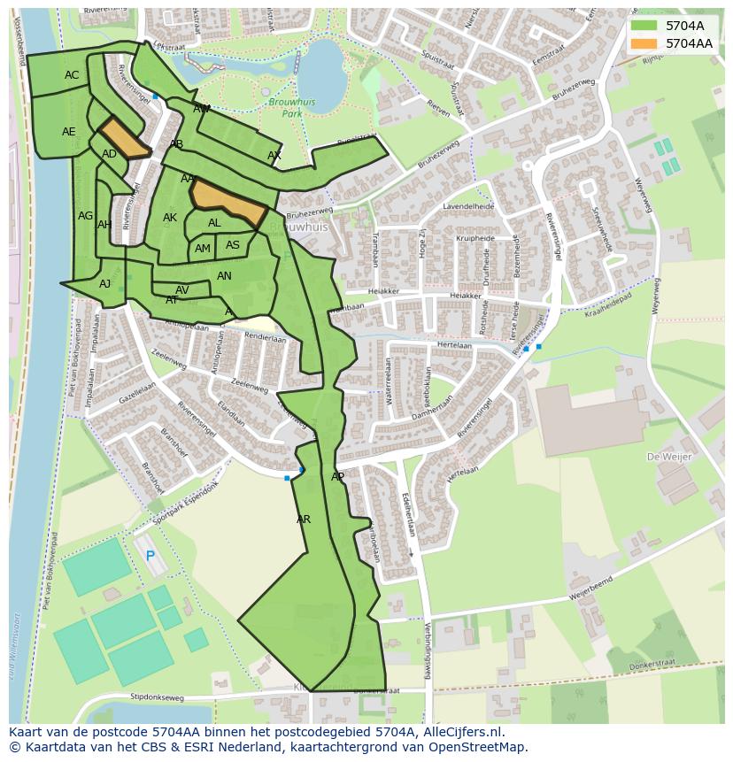 Afbeelding van het postcodegebied 5704 AA op de kaart.