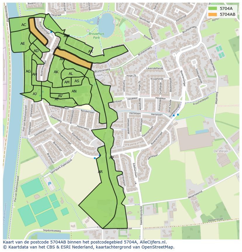 Afbeelding van het postcodegebied 5704 AB op de kaart.