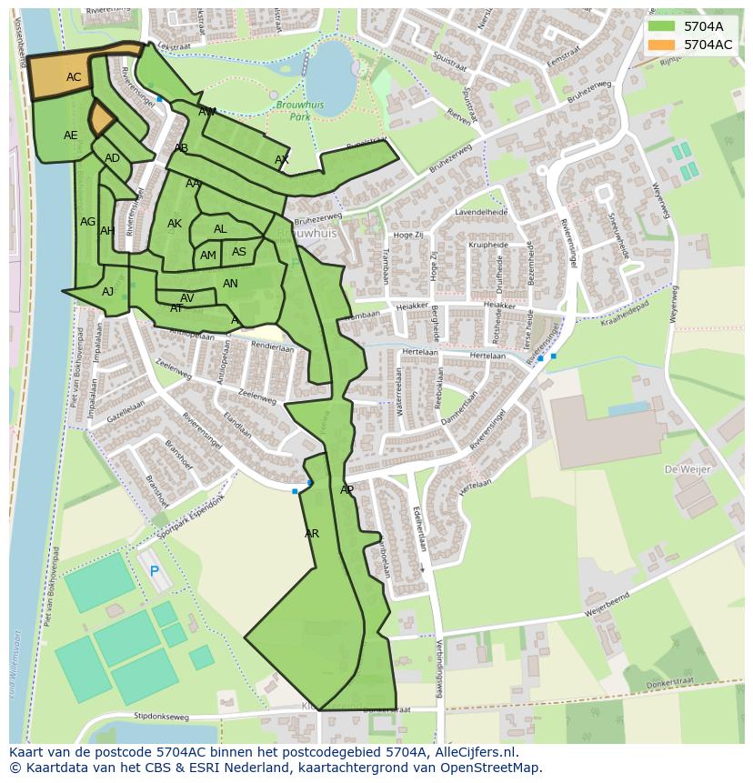 Afbeelding van het postcodegebied 5704 AC op de kaart.