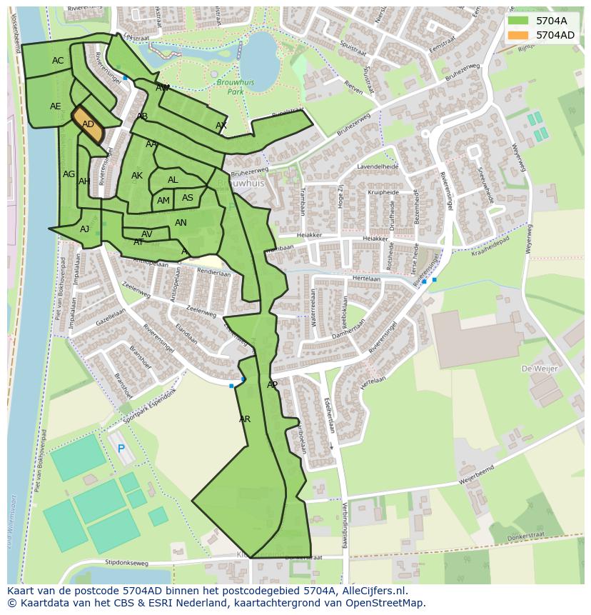 Afbeelding van het postcodegebied 5704 AD op de kaart.