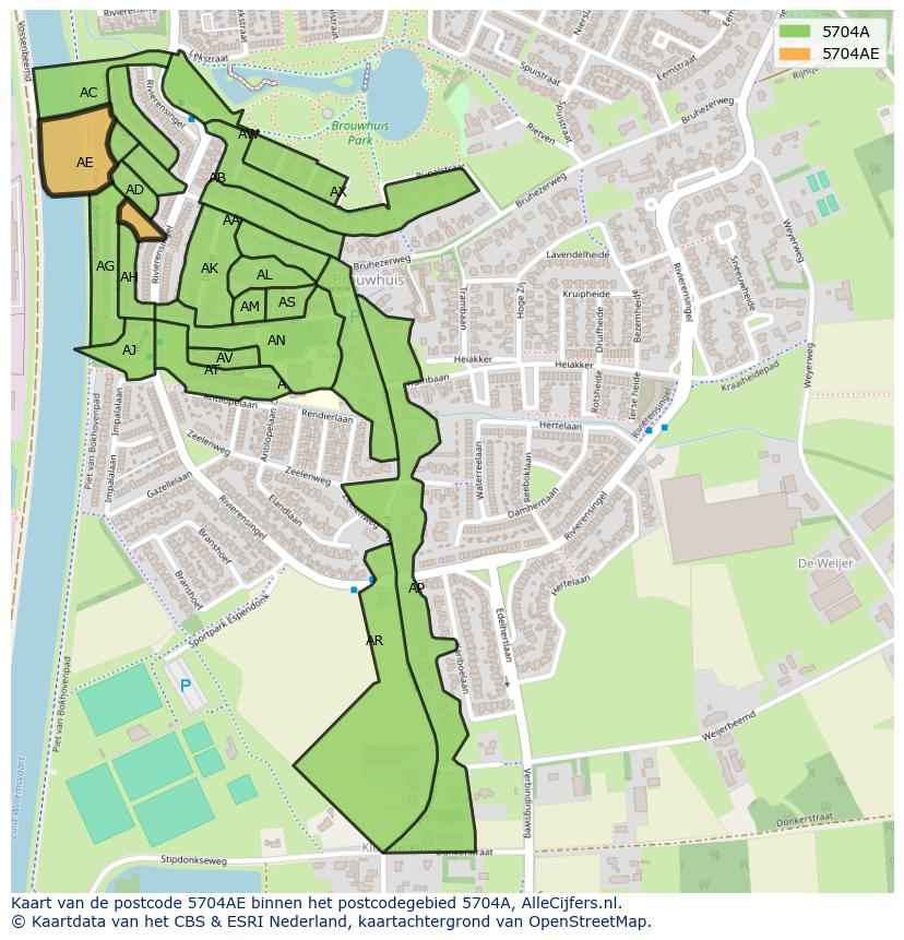 Afbeelding van het postcodegebied 5704 AE op de kaart.