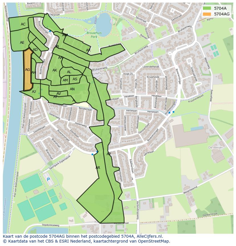 Afbeelding van het postcodegebied 5704 AG op de kaart.
