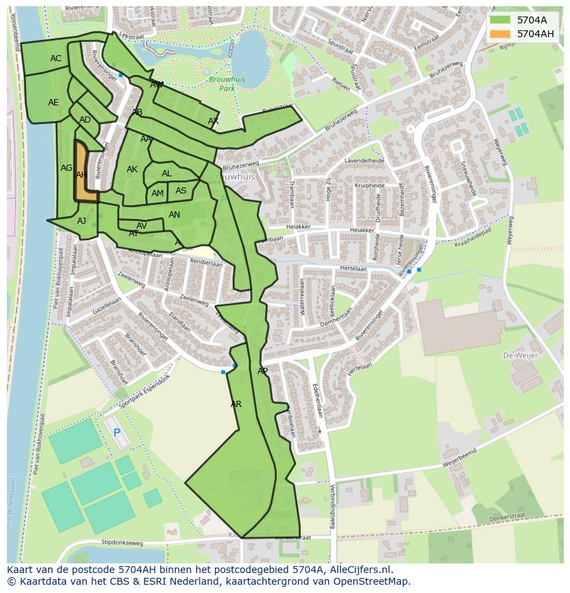 Afbeelding van het postcodegebied 5704 AH op de kaart.