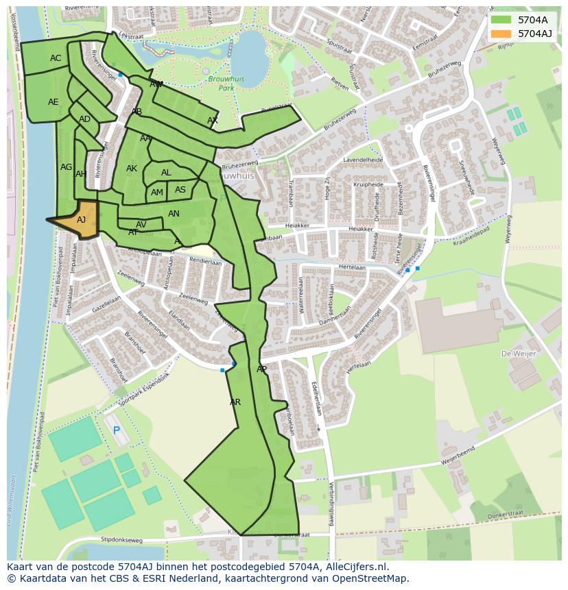 Afbeelding van het postcodegebied 5704 AJ op de kaart.