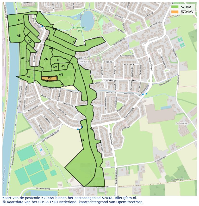 Afbeelding van het postcodegebied 5704 AV op de kaart.