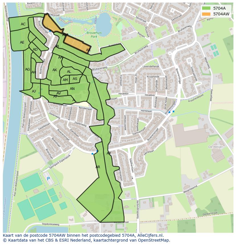 Afbeelding van het postcodegebied 5704 AW op de kaart.