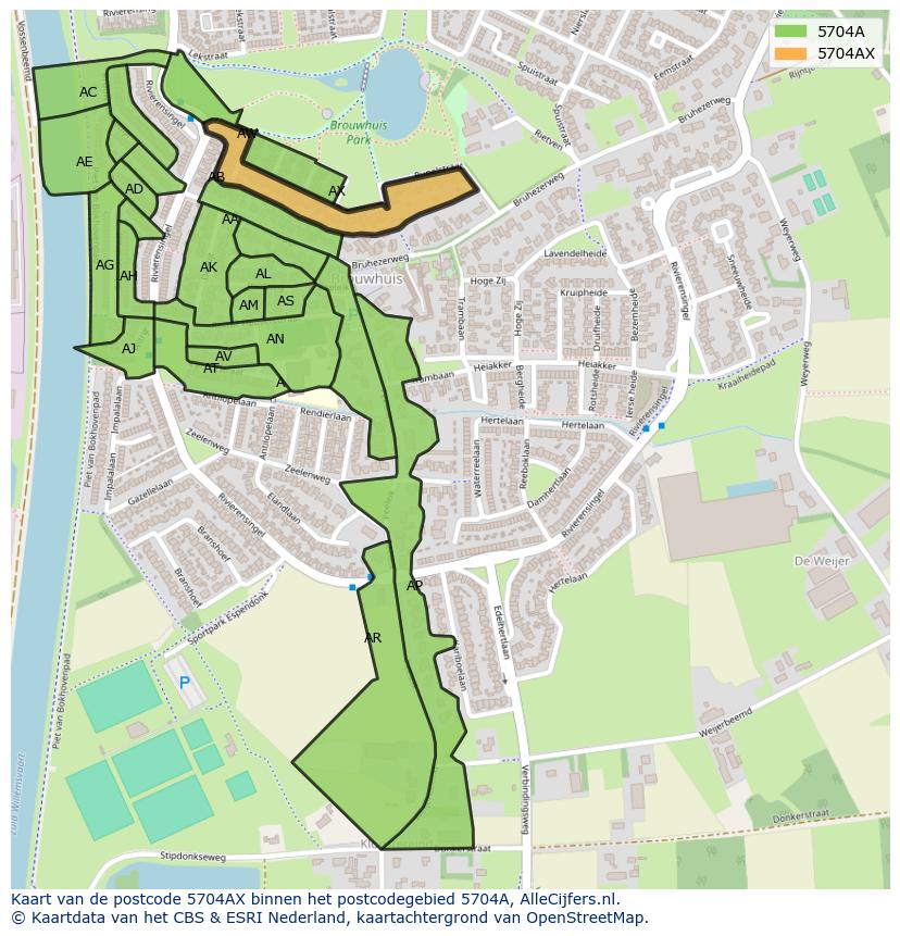 Afbeelding van het postcodegebied 5704 AX op de kaart.