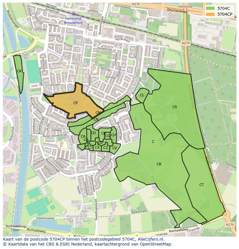 Afbeelding van het postcodegebied 5704 CP op de kaart.