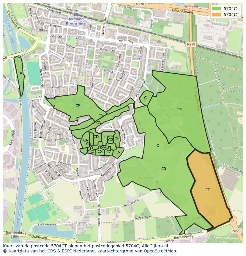Afbeelding van het postcodegebied 5704 CT op de kaart.