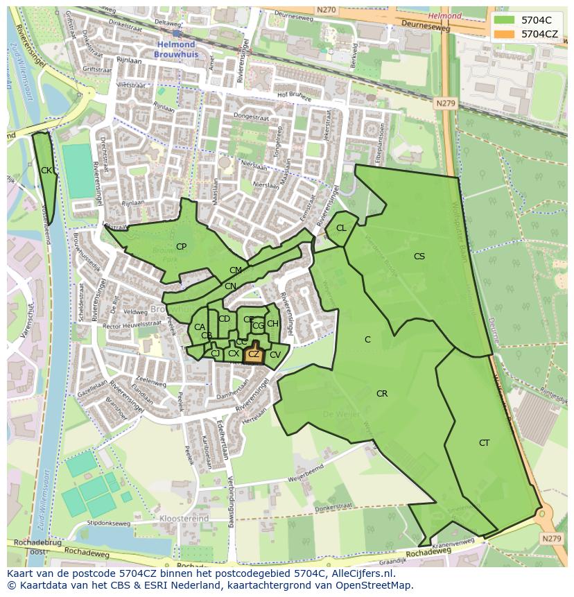 Afbeelding van het postcodegebied 5704 CZ op de kaart.