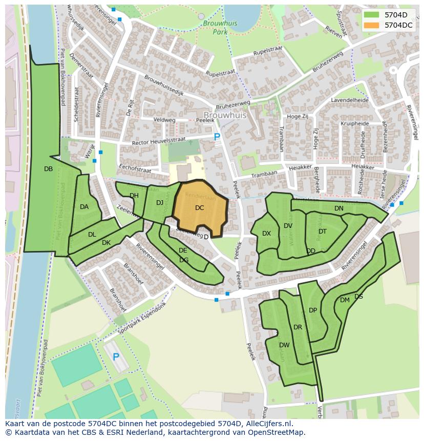 Afbeelding van het postcodegebied 5704 DC op de kaart.