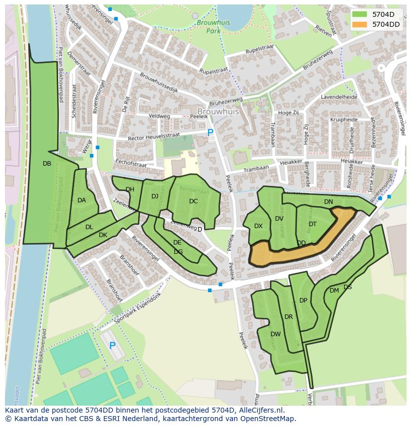 Afbeelding van het postcodegebied 5704 DD op de kaart.