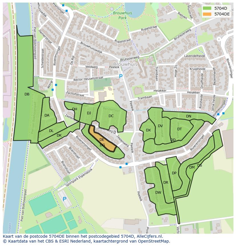 Afbeelding van het postcodegebied 5704 DE op de kaart.