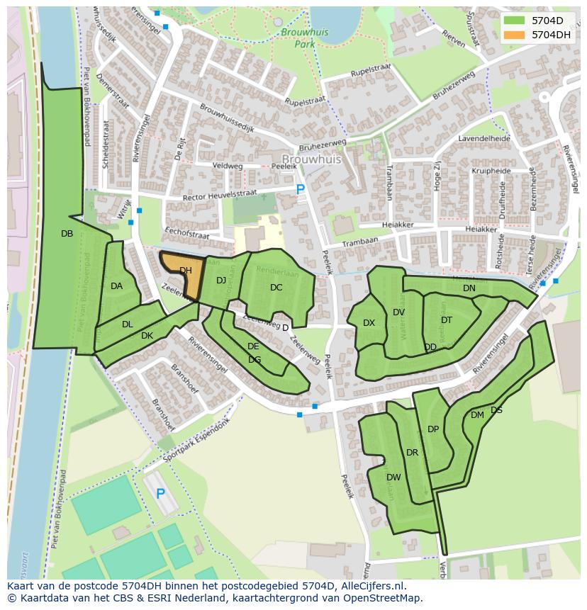 Afbeelding van het postcodegebied 5704 DH op de kaart.