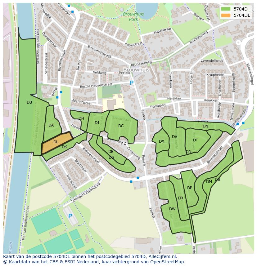 Afbeelding van het postcodegebied 5704 DL op de kaart.
