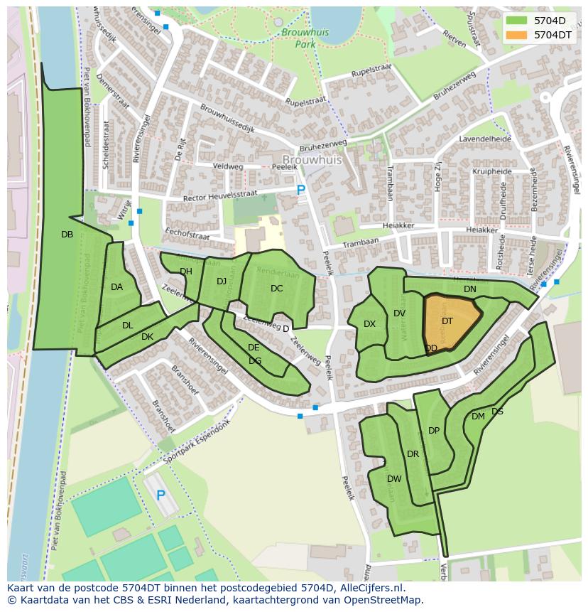 Afbeelding van het postcodegebied 5704 DT op de kaart.