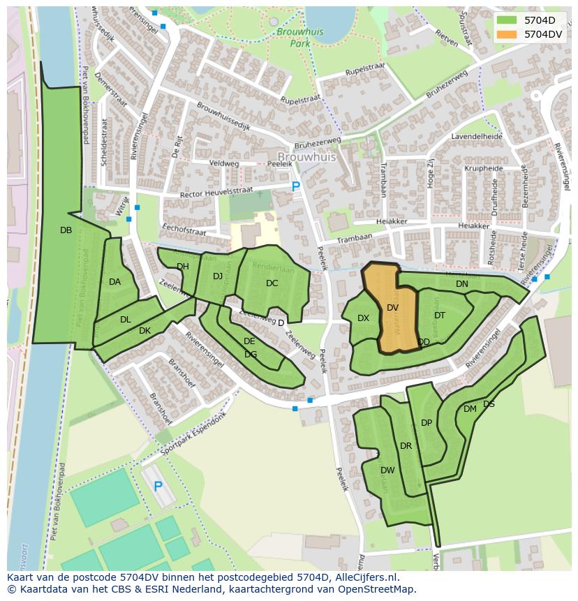 Afbeelding van het postcodegebied 5704 DV op de kaart.
