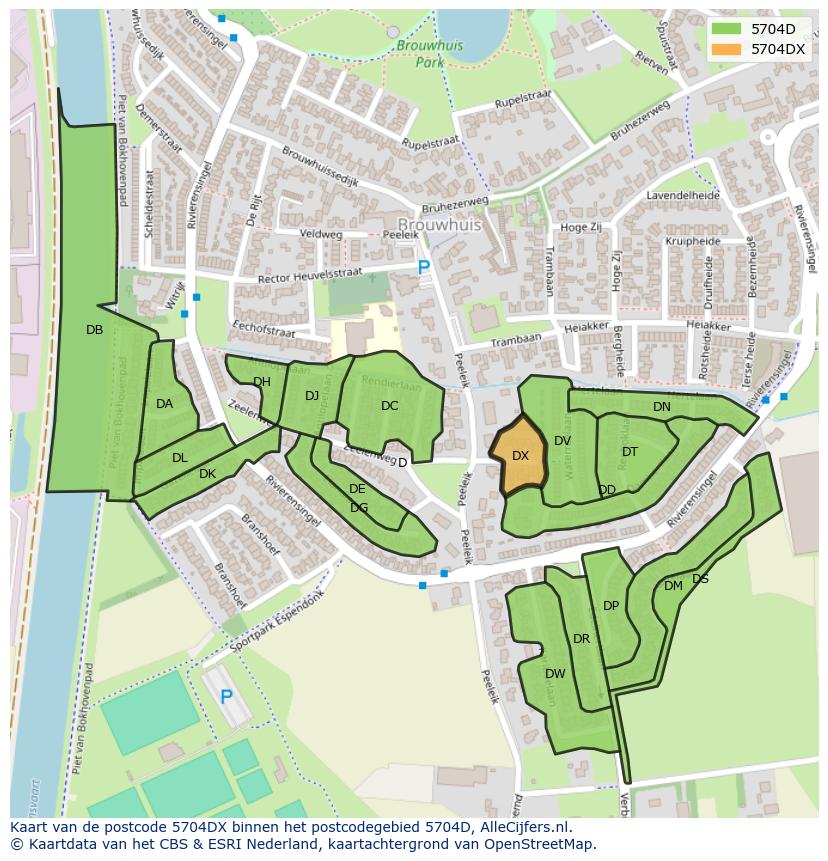 Afbeelding van het postcodegebied 5704 DX op de kaart.