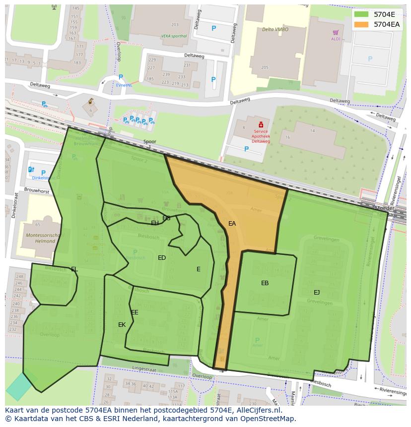 Afbeelding van het postcodegebied 5704 EA op de kaart.